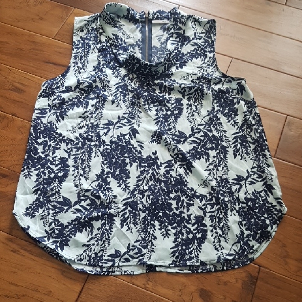 Halogen Blue Navy Sleeveless Floral Print Scoop Neck Tank Size L